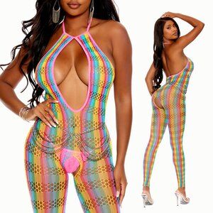 Rainbow Crotchless Bodystocking Footless Sheer Lingerie NWT